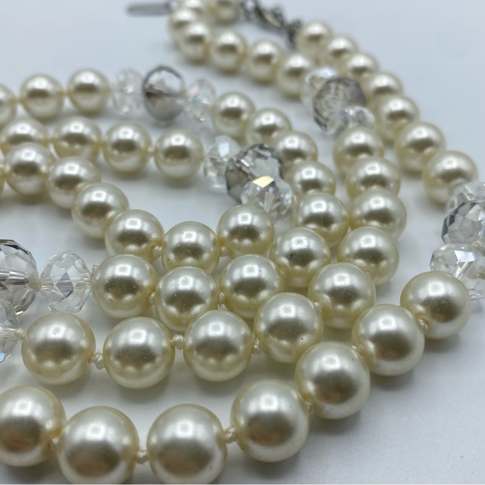 Kissaka Signed Hand Knotted Faux Glass Pearl Necklace Faceted Crystal Long - Picture 6 of 8